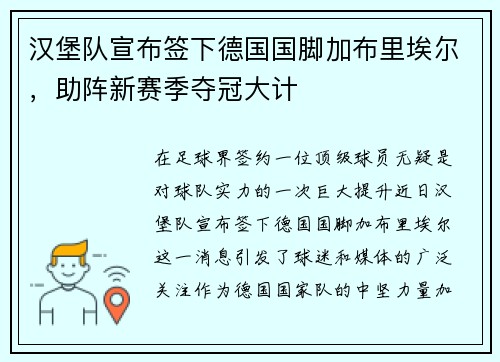 汉堡队宣布签下德国国脚加布里埃尔，助阵新赛季夺冠大计