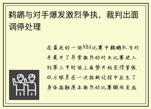 鹈鹕与对手爆发激烈争执，裁判出面调停处理