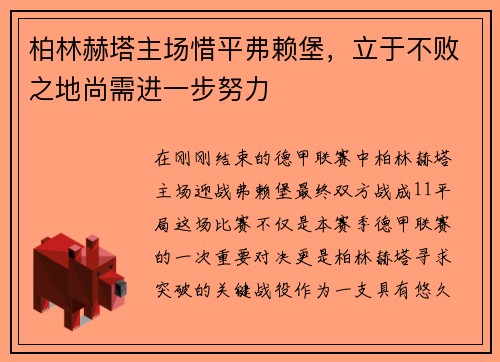 柏林赫塔主场惜平弗赖堡，立于不败之地尚需进一步努力