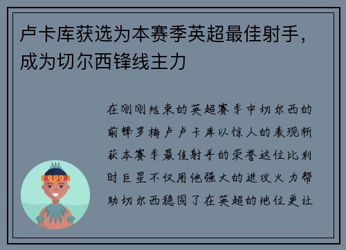 卢卡库获选为本赛季英超最佳射手，成为切尔西锋线主力