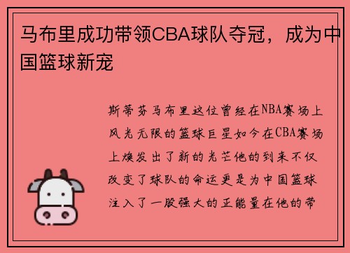 马布里成功带领CBA球队夺冠，成为中国篮球新宠