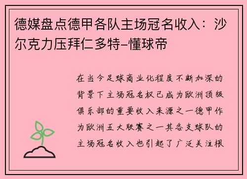 德媒盘点德甲各队主场冠名收入：沙尔克力压拜仁多特-懂球帝
