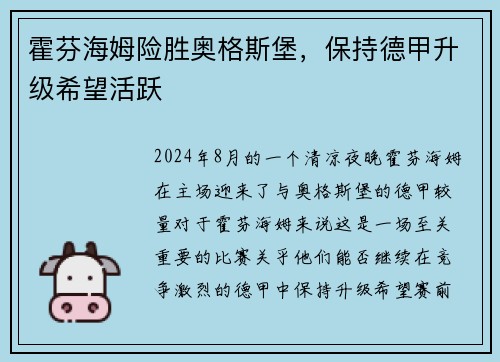 霍芬海姆险胜奥格斯堡，保持德甲升级希望活跃