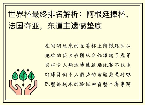 世界杯最终排名解析：阿根廷捧杯，法国夺亚，东道主遗憾垫底