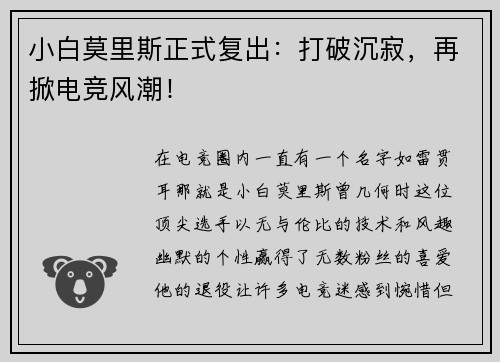 小白莫里斯正式复出：打破沉寂，再掀电竞风潮！