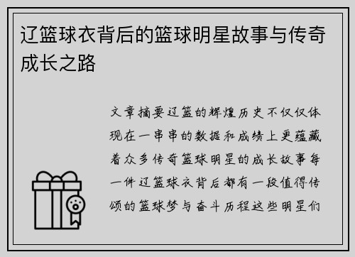 辽篮球衣背后的篮球明星故事与传奇成长之路