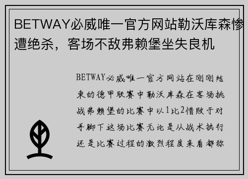 BETWAY必威唯一官方网站勒沃库森惨遭绝杀，客场不敌弗赖堡坐失良机