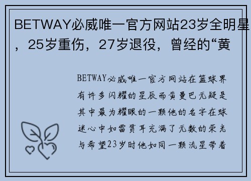 BETWAY必威唯一官方网站23岁全明星，25岁重伤，27岁退役，曾经的“黄曼巴”后来去哪了？