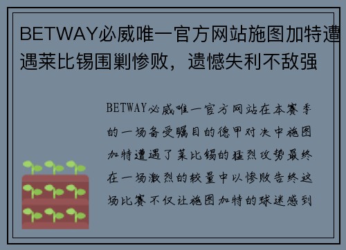 BETWAY必威唯一官方网站施图加特遭遇莱比锡围剿惨败，遗憾失利不敌强敌