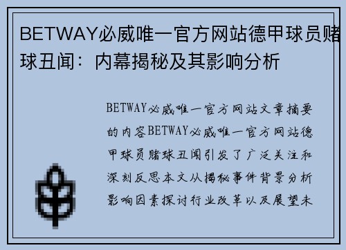 BETWAY必威唯一官方网站德甲球员赌球丑闻：内幕揭秘及其影响分析