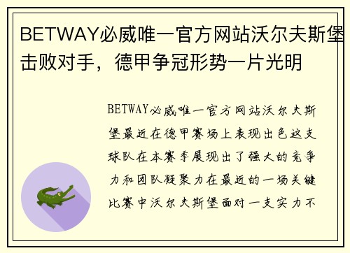 BETWAY必威唯一官方网站沃尔夫斯堡击败对手，德甲争冠形势一片光明