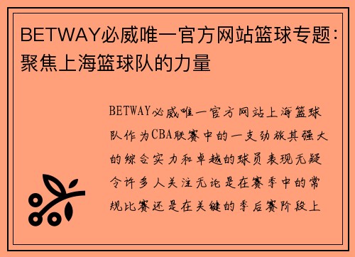 BETWAY必威唯一官方网站篮球专题：聚焦上海篮球队的力量