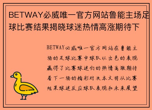 BETWAY必威唯一官方网站鲁能主场足球比赛结果揭晓球迷热情高涨期待下一场精彩对决