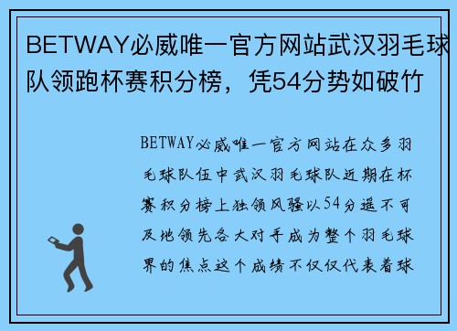 BETWAY必威唯一官方网站武汉羽毛球队领跑杯赛积分榜，凭54分势如破竹